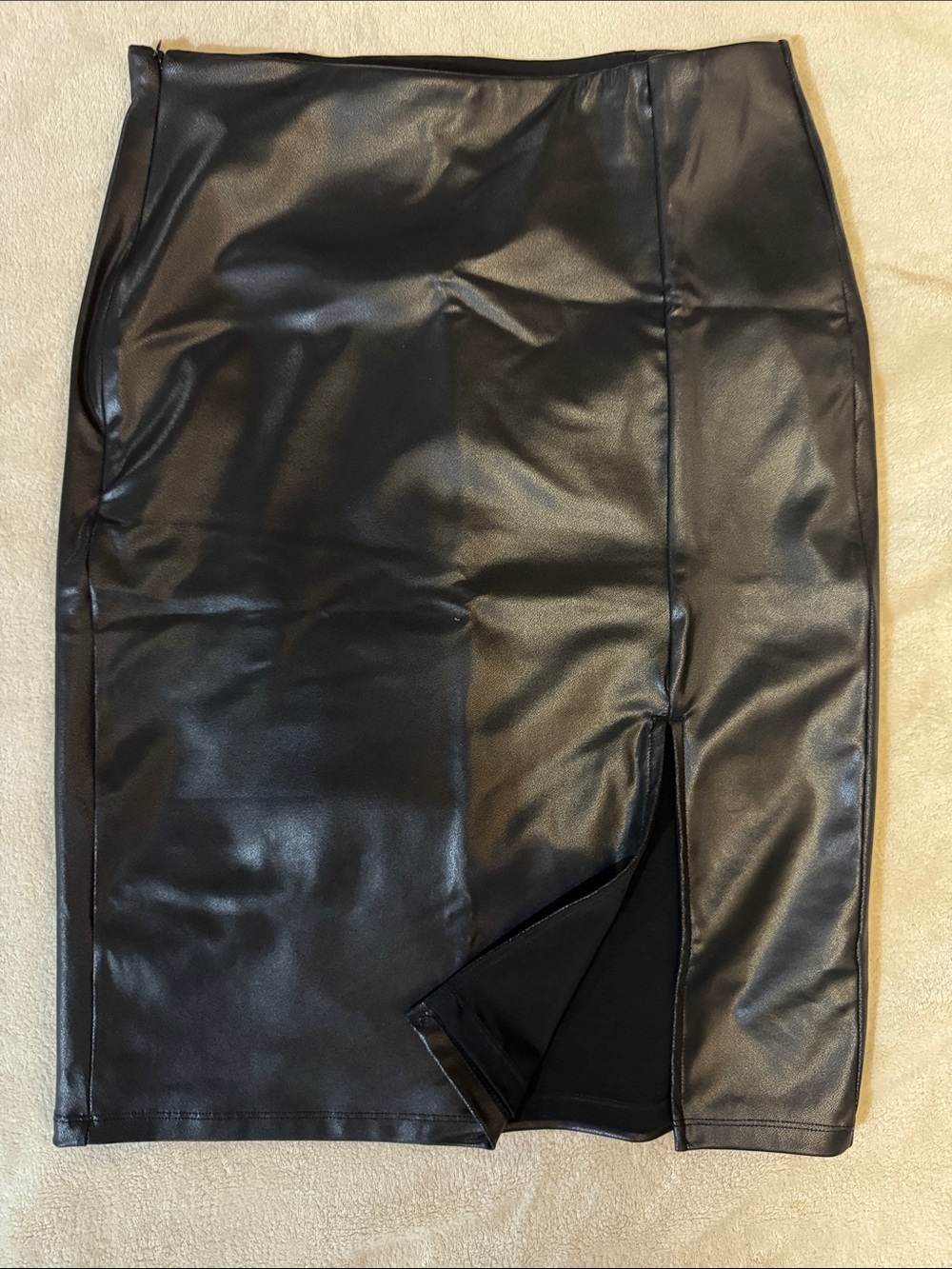 Classic Black Faux Leather Pencil Skirt with Front Vent
